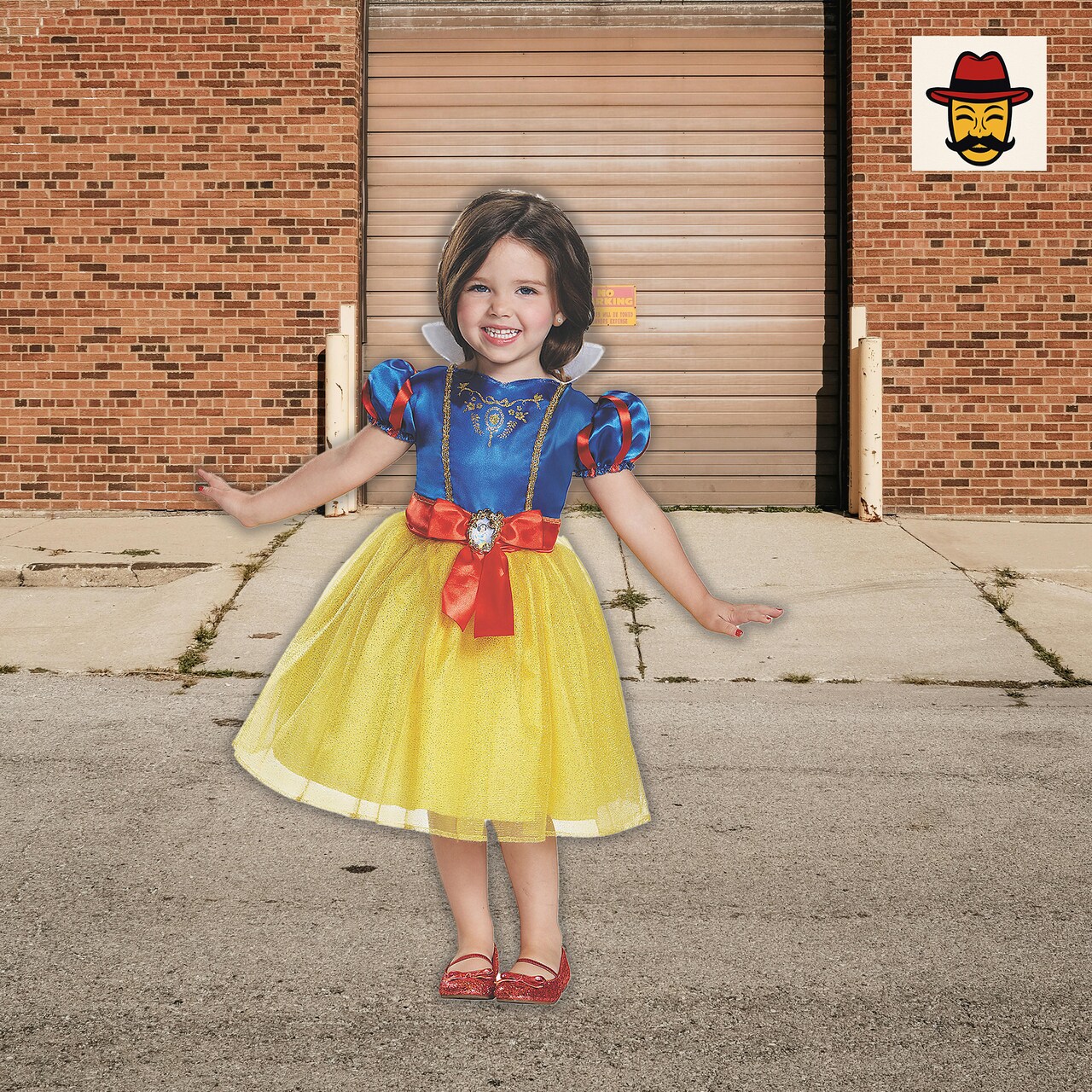 Girls Disney Snow White Costume, Yellow Blue Dress Glitter Trim Red Ribbon Cameo